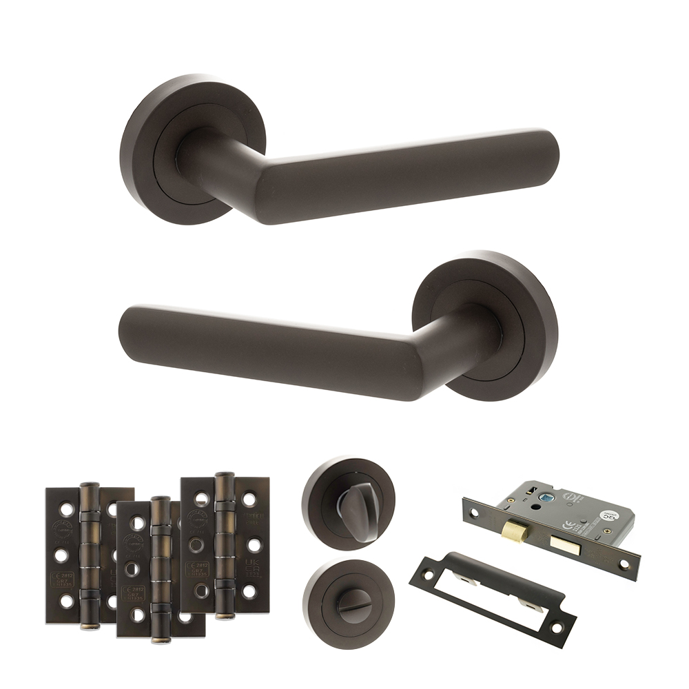 STATUS Carolina Door Handle Pack (Bathroom Set - 2.5" CE Bathroom Lock, 3" Fire Rated Hinges x3) - Urban Dark Bronze