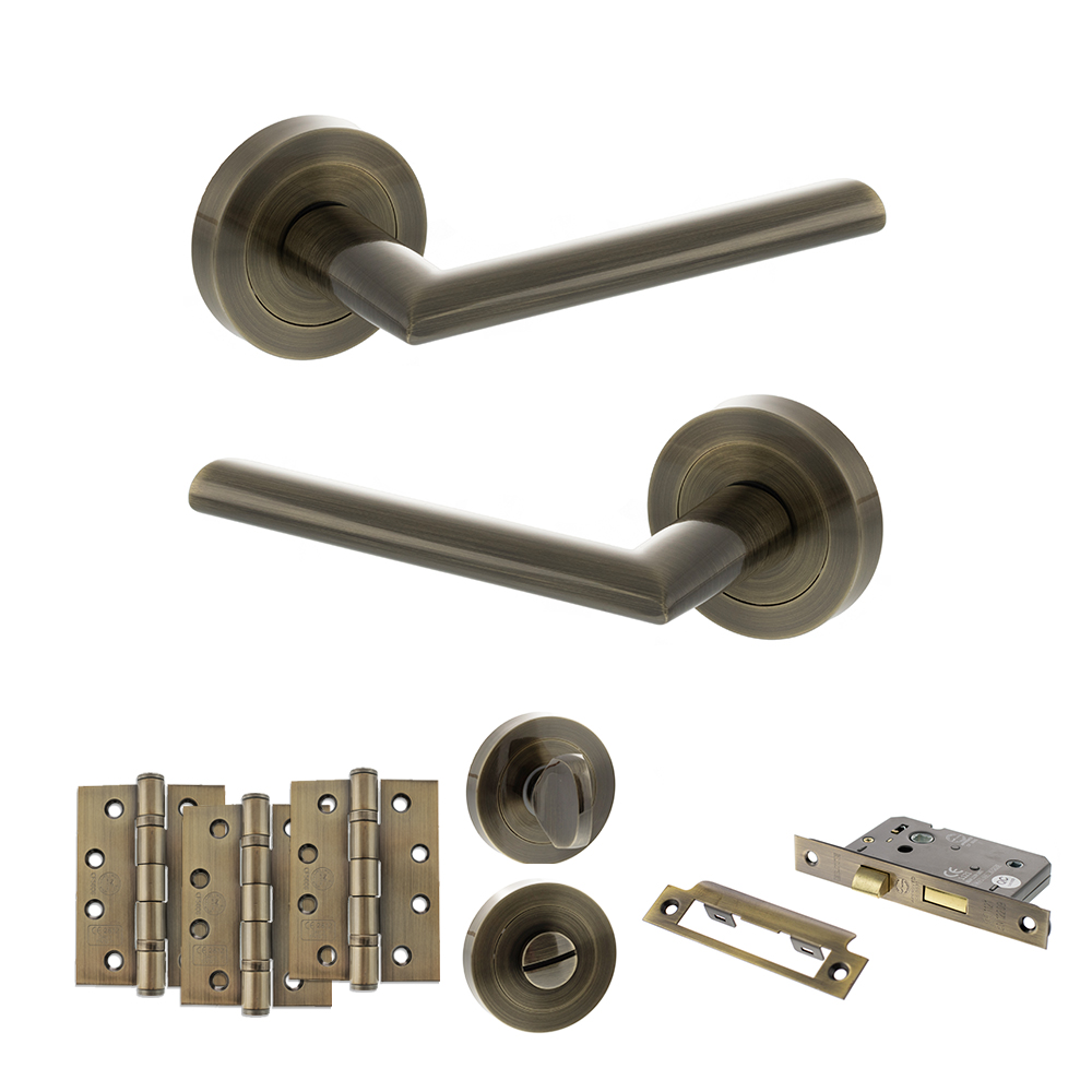 STATUS Alabama Door Handle Pack (Bathroom Set - 2.5" CE Bathroom Lock, 4" Fire Rated Hinges x3) - Antique Brass