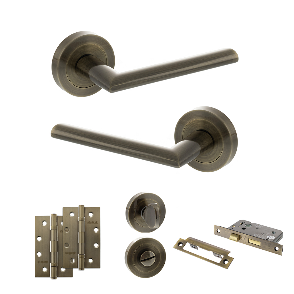 STATUS Alabama Door Handle Pack (Bathroom Set - 2.5" CE Bathroom Lock, 4" Slim Knuckle Hinges x2) - Antique Brass