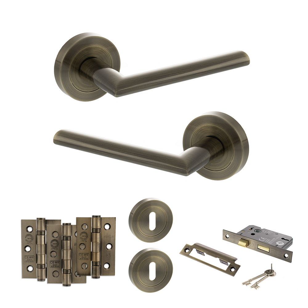 STATUS Alabama Door Handle Pack (3 Lever Lock Set - 2.5" CE Sashlock, 3" Fire Rated Hinges x3) - Antique Brass