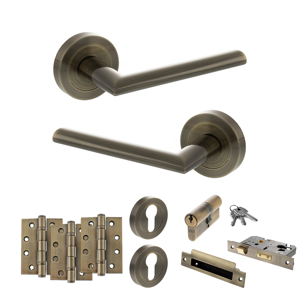 STATUS Alabama Door Handle Pack (Euro Lock Set - 3" CE Sashlock, 4" Fire Rated Hinges x3) - Antique Brass