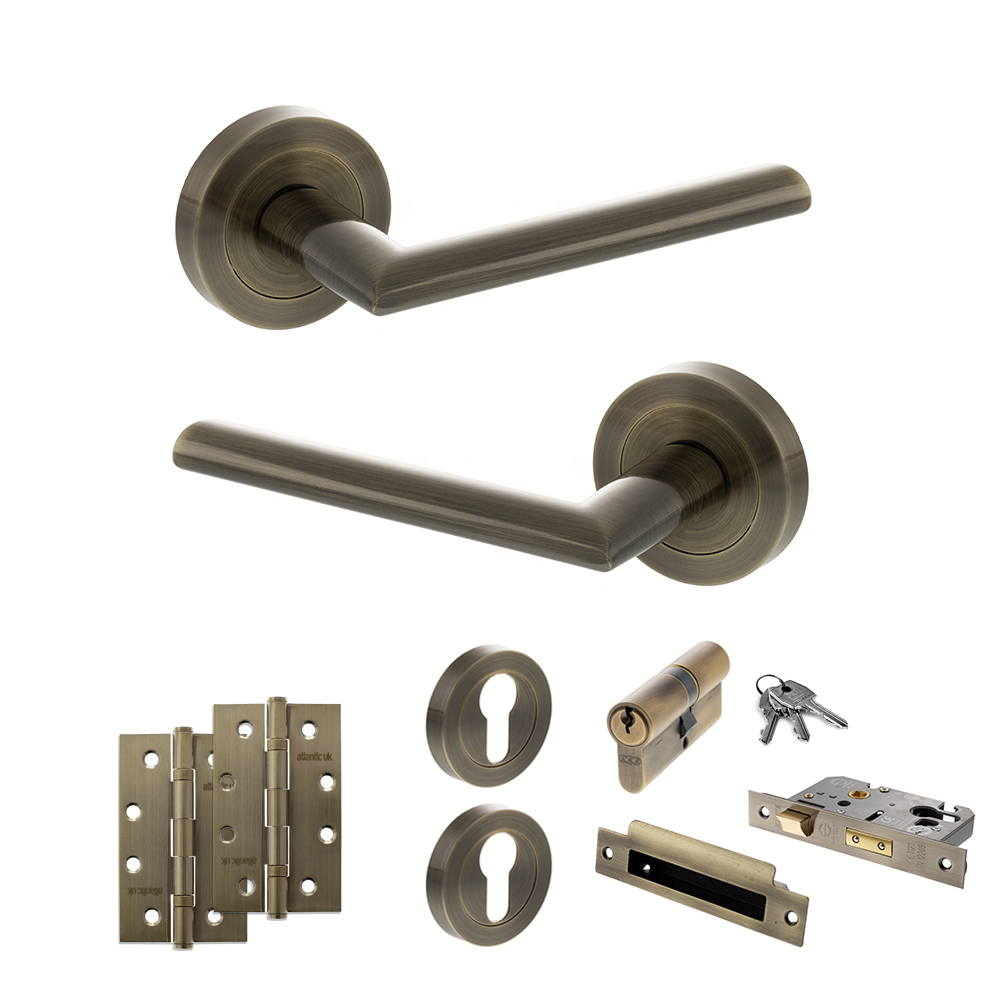 STATUS Alabama Door Handle Pack (Euro Lock Set - 3" CE Sashlock, 4" Slim Knuckle Hinges x2) - Antique Brass
