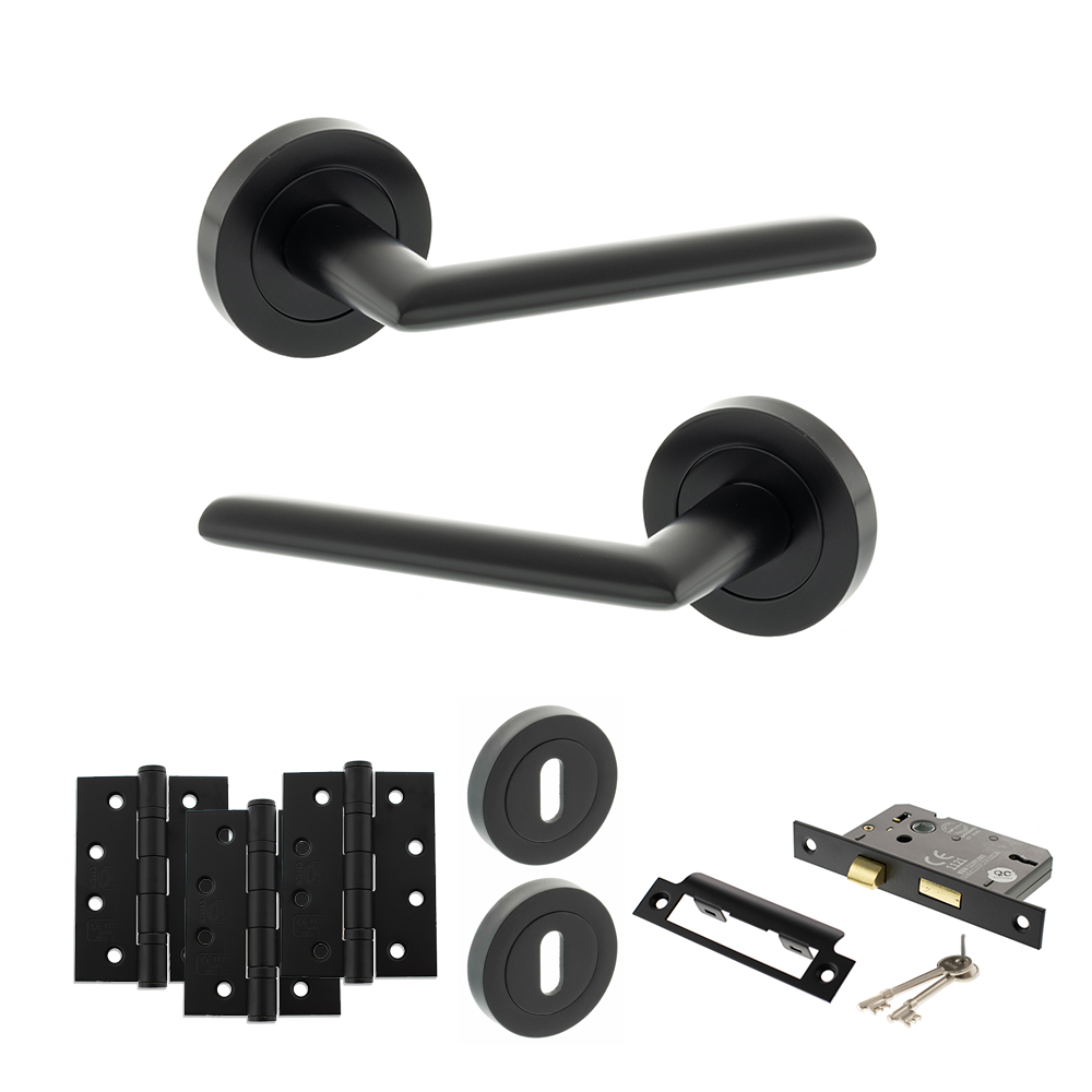 STATUS Alabama Door Handle Pack (3 Lever Lock Set - 3" CE Sashlock, 4" Fire Rated Hinges x3) - Matt Black