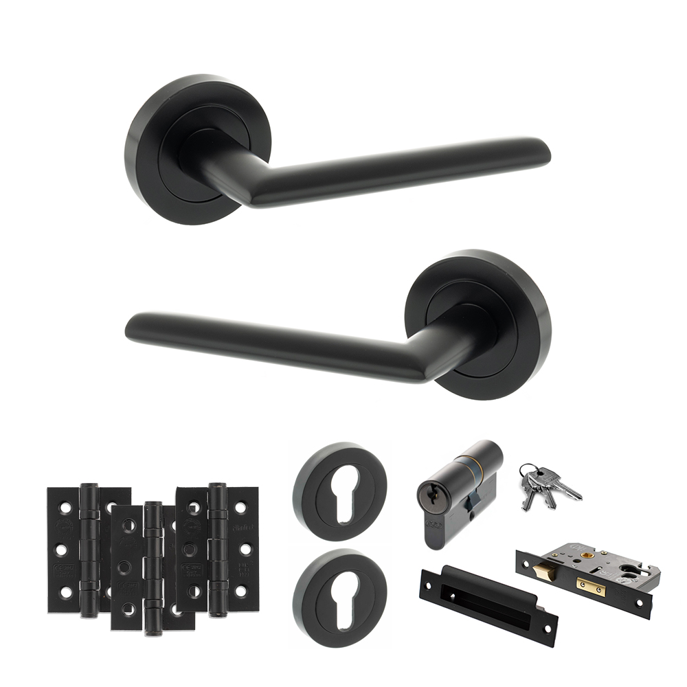 STATUS Alabama Door Handle Pack (Euro Lock Set - 3" CE Sashlock, 3" Fire Rated Hinges x3) - Matt Black