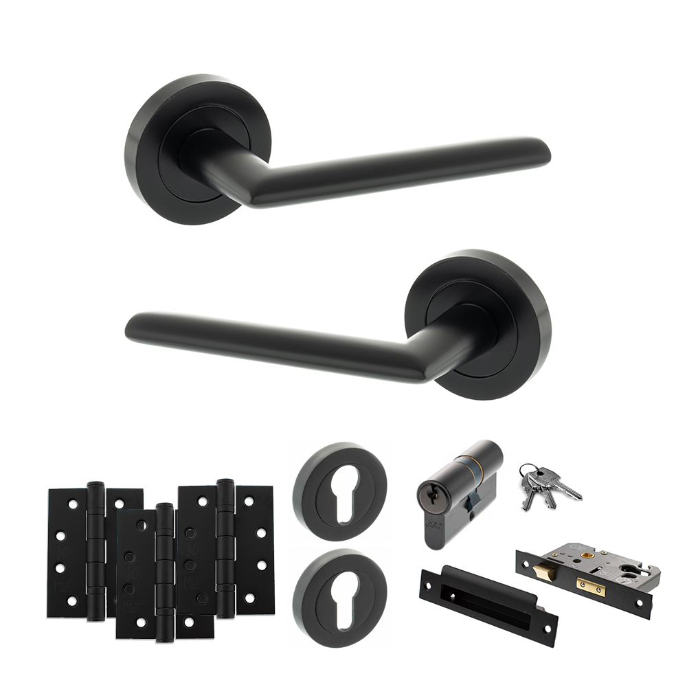 STATUS Alabama Door Handle Pack (Euro Lock Set - 3" CE Sashlock, 4" Fire Rated Hinges x3) - Matt Black