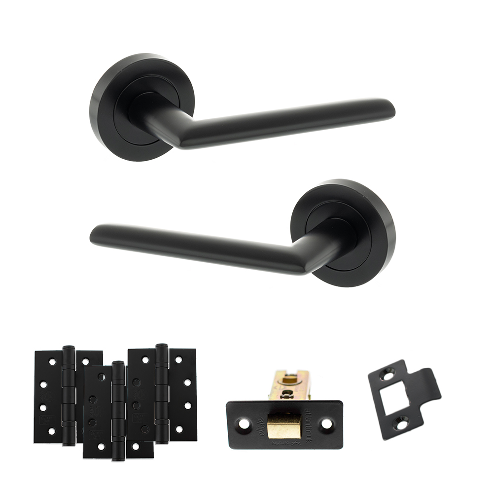 STATUS Alabama Door Handle Pack (Latch Set - 3" CE Latch, 4" Fire Rated Hinges x3) - Matt Black