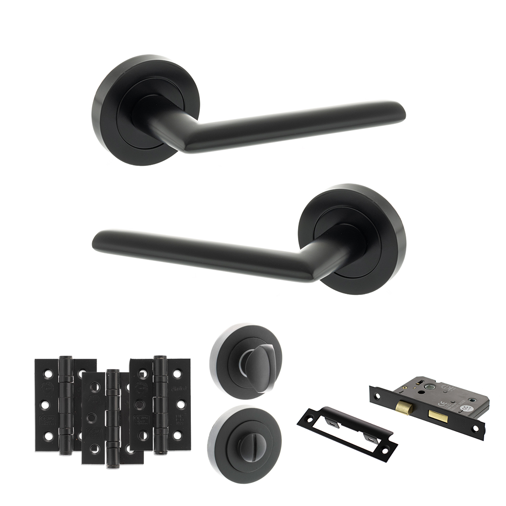 STATUS Alabama Door Handle Pack (Bathroom Set - 3" CE Bathroom Lock, 3" Fire Rated Hinges x3) - Matt Black