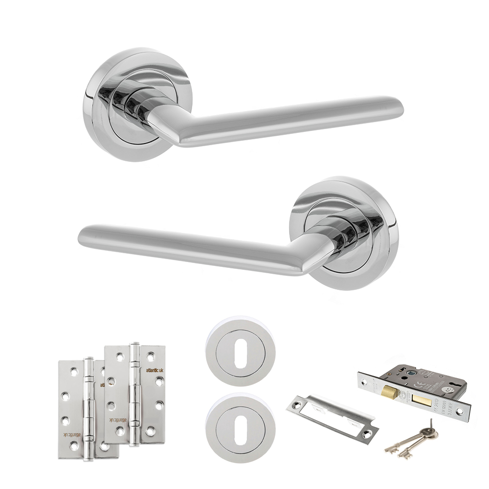 STATUS Alabama Door Handle Pack (3 Lever Lock Set - 2.5" CE Sashlock, 4" Slim Knuckle Hinges x2) - Polished Chrome