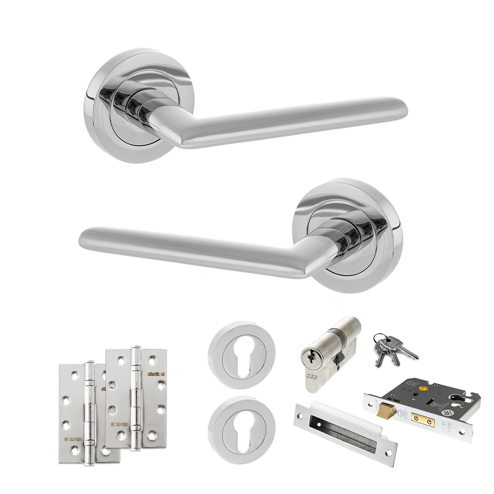 STATUS Alabama Door Handle Pack (Euro Lock Set - 2.5" CE Sashlock, 4" Slim Knuckle Hinges x2) - Polished Chrome
