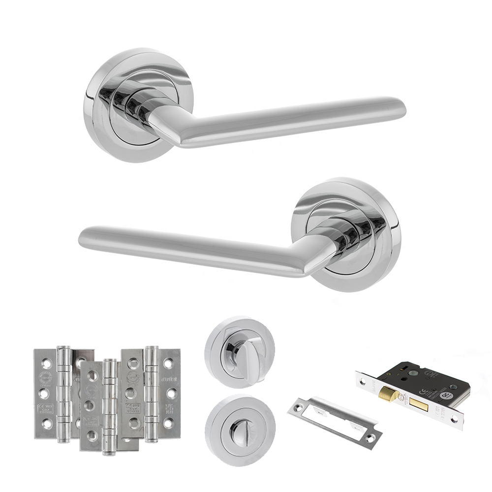 STATUS Alabama Door Handle Pack (Bathroom Set - 3" CE Bathroom Lock, 3" Fire Rated Hinges x3) - Polished Chrome