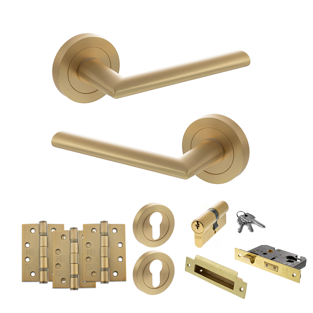 STATUS Alabama Door Handle Pack (Euro Lock Set - 2.5" CE Sashlock, 4" Fire Rated Hinges x3) - Satin Brass
