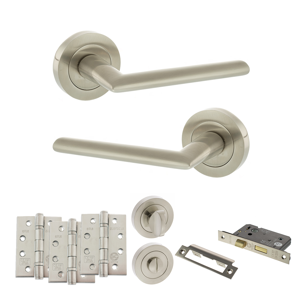 STATUS Alabama Door Handle Pack (Bathroom Set - 3" CE Bathroom Lock, 4" Fire Rated Hinges x3) - Satin Nickel