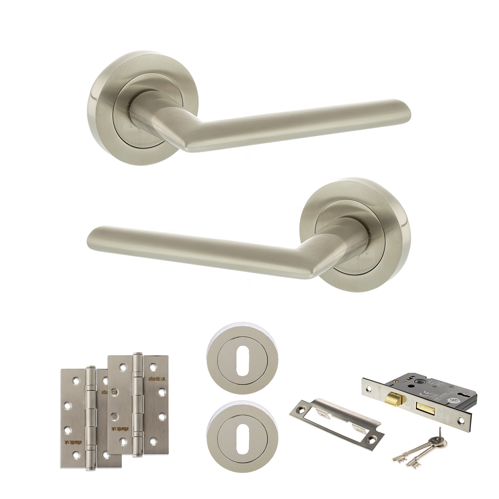 STATUS Alabama Door Handle Pack (3 Lever Lock Set - 3" CE Sashlock, 4" Slim Knuckle Hinges x2) - Satin Nickel