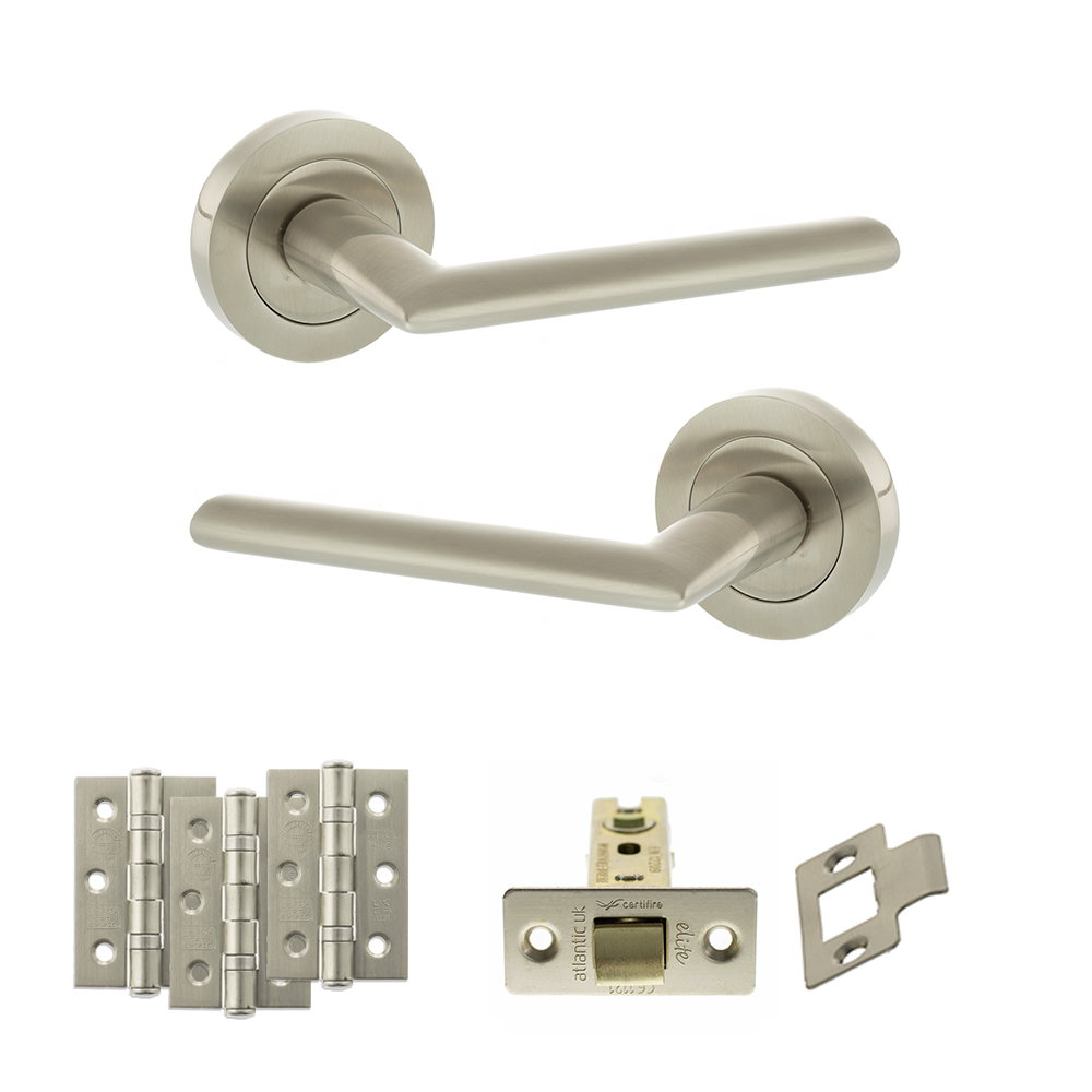 STATUS Alabama Door Handle Pack (Latch Set - 2.5" CE Latch, 3" Fire Rated Hinges x3) - Satin Nickel