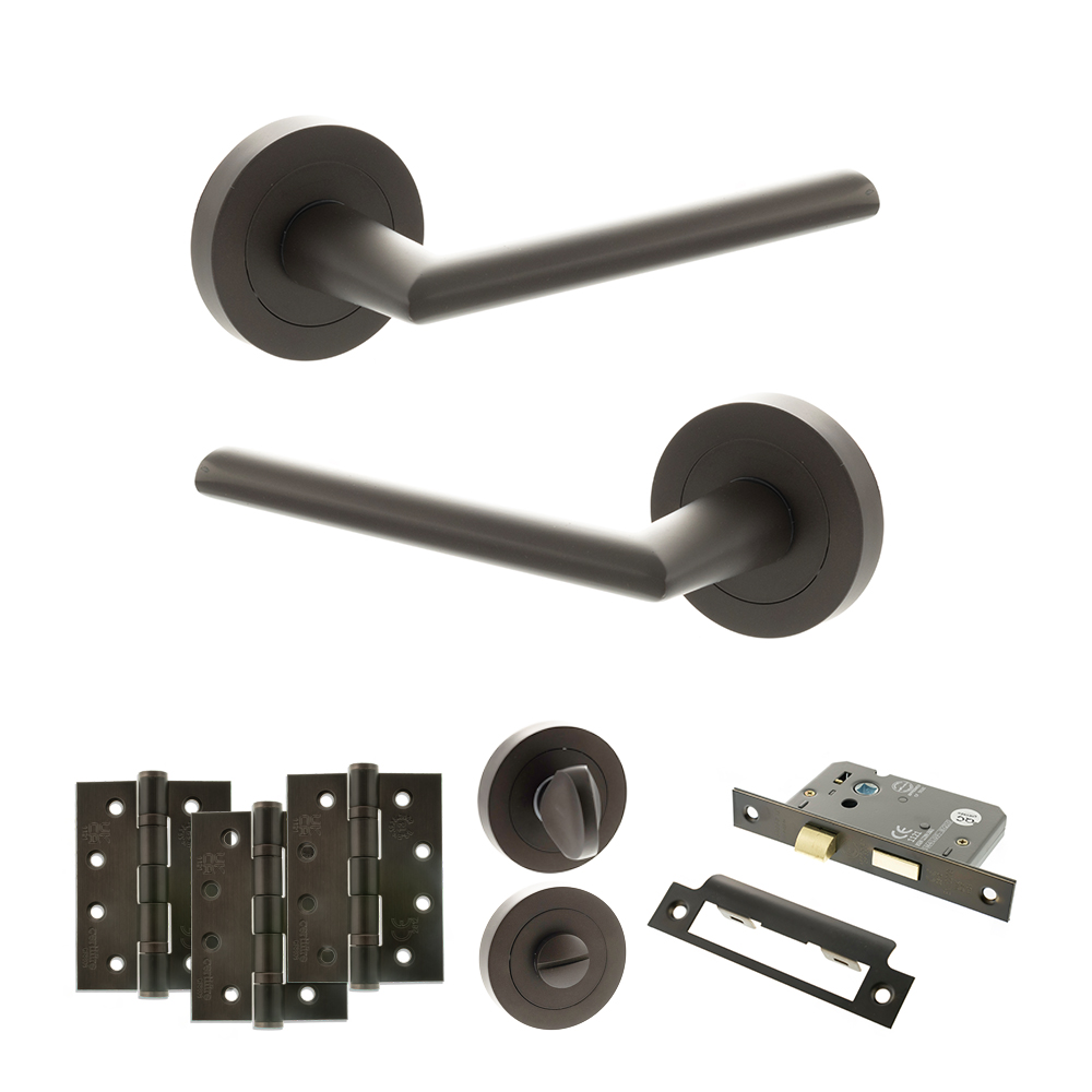 STATUS Alabama Door Handle Pack (Bathroom Set - 3" CE Bathroom Lock, 4" Fire Rated Hinges x3) - Urban Dark Bronze