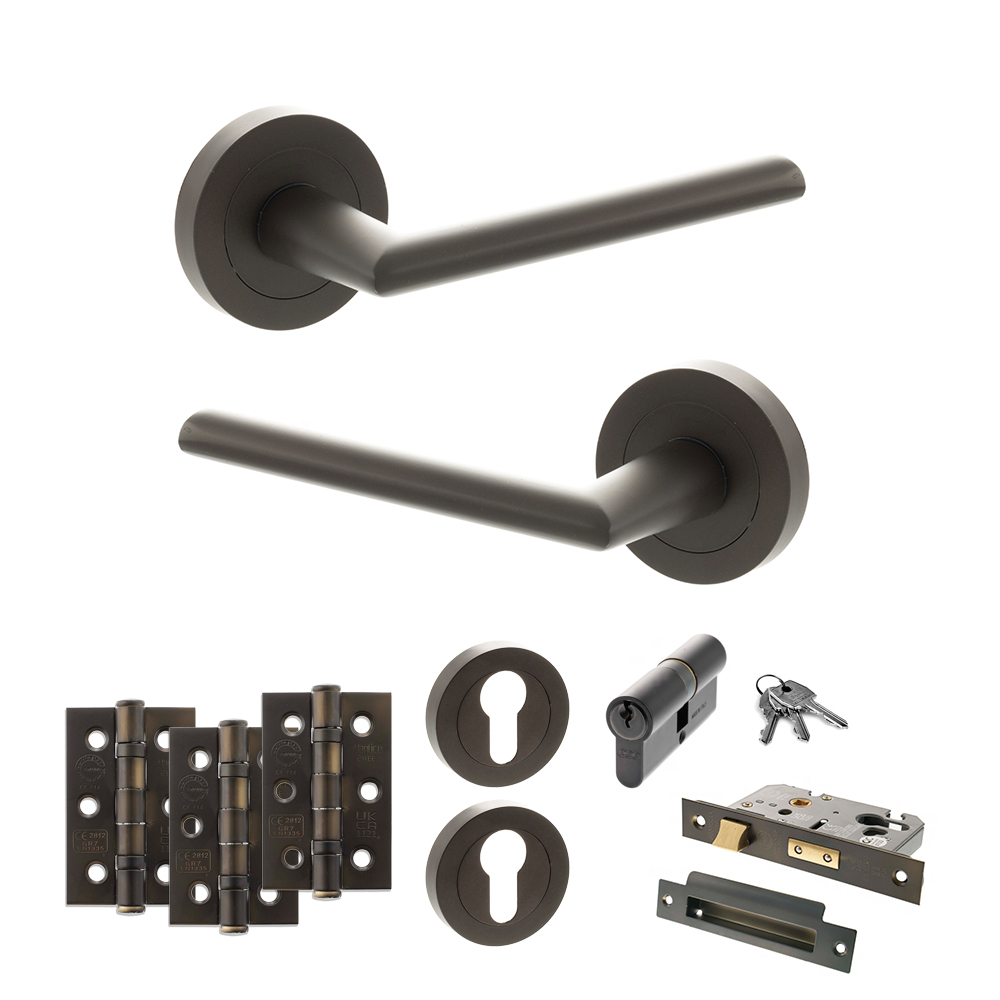 STATUS Alabama Door Handle Pack (Euro Lock Set - 2.5" CE Sashlock, 3" Fire Rated Hinges x3) - Urban Dark Bronze