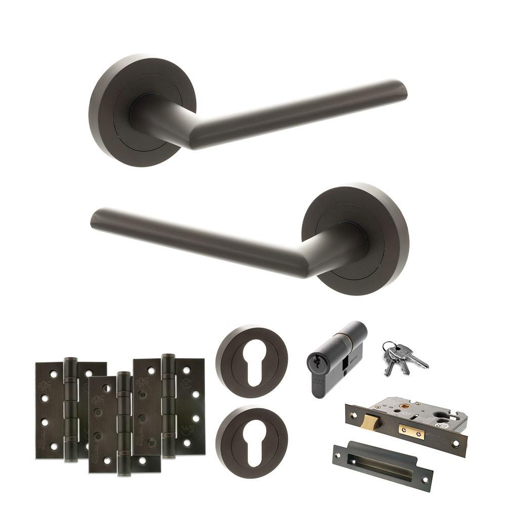 STATUS Alabama Door Handle Pack (Euro Lock Set - 2.5" CE Sashlock, 4" Fire Rated Hinges x3) - Urban Dark Bronze