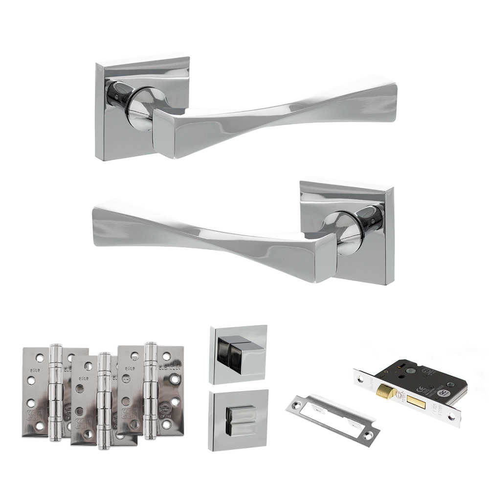 Senza Pari Guido Door Handle Pack (Bathroom Set - 2.5" CE Bathroom Lock, 4" Fire Rated Hinges x3) - Polished Chrome