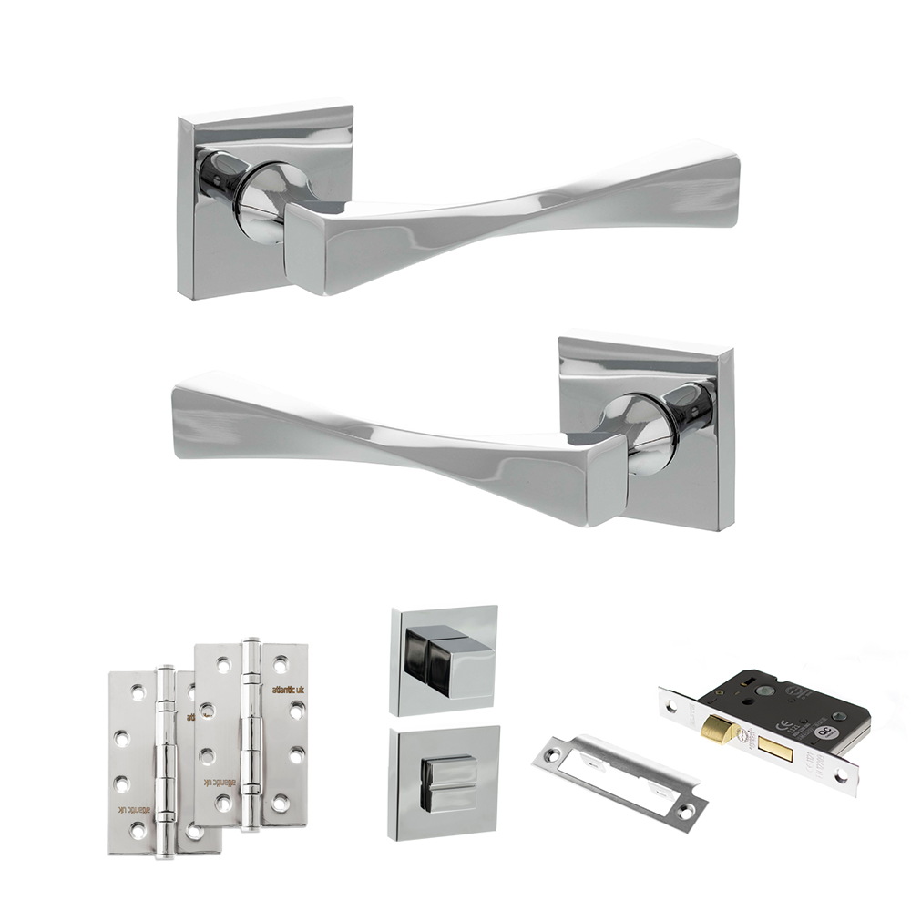 Senza Pari Guido Door Handle Pack (Bathroom Set - 2.5" CE Bathroom Lock, 4" Slim Knuckle Hinges x2) - Polished Chrome