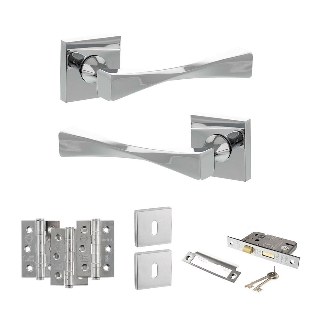 Senza Pari Guido Door Handle Pack (3 Lever Lock Set - 3" CE Sashlock, 3" Fire Rated Hinges x3) - Polished Chrome