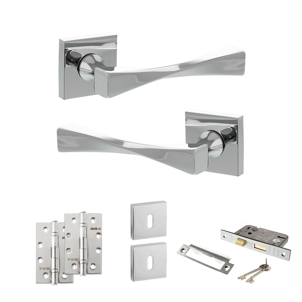 Senza Pari Guido Door Handle Pack (3 Lever Lock Set - 2.5" CE Sashlock, 4" Slim Knuckle Hinges x2) - Polished Chrome