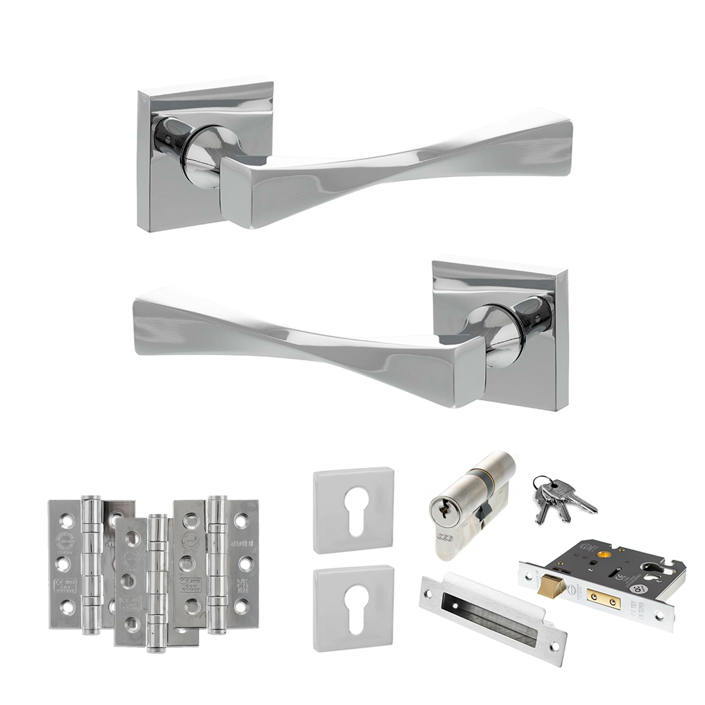 Senza Pari Guido Door Handle Pack (Euro Lock Set - 2.5" CE Sashlock, 3" Fire Rated Hinges x3) - Polished Chrome