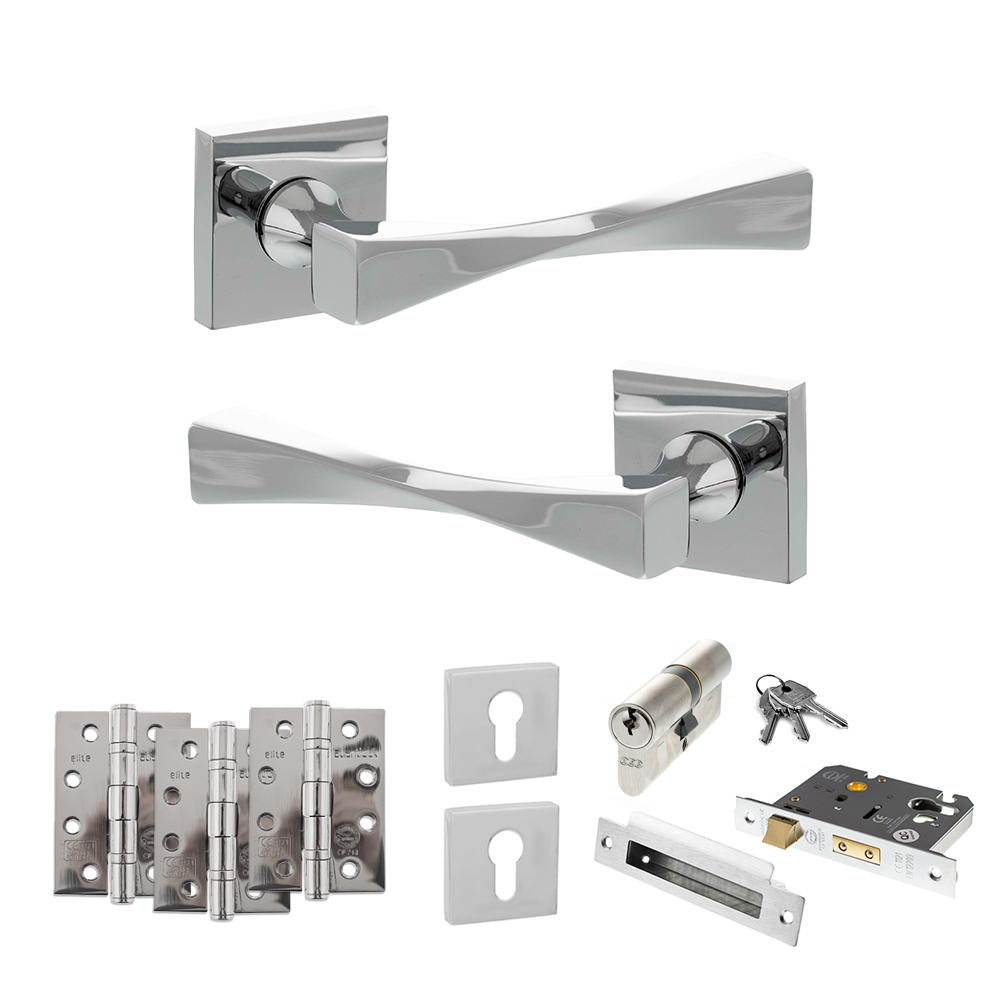 Senza Pari Guido Door Handle Pack (Euro Lock Set - 3" CE Sashlock, 4" Fire Rated Hinges x3) - Polished Chrome