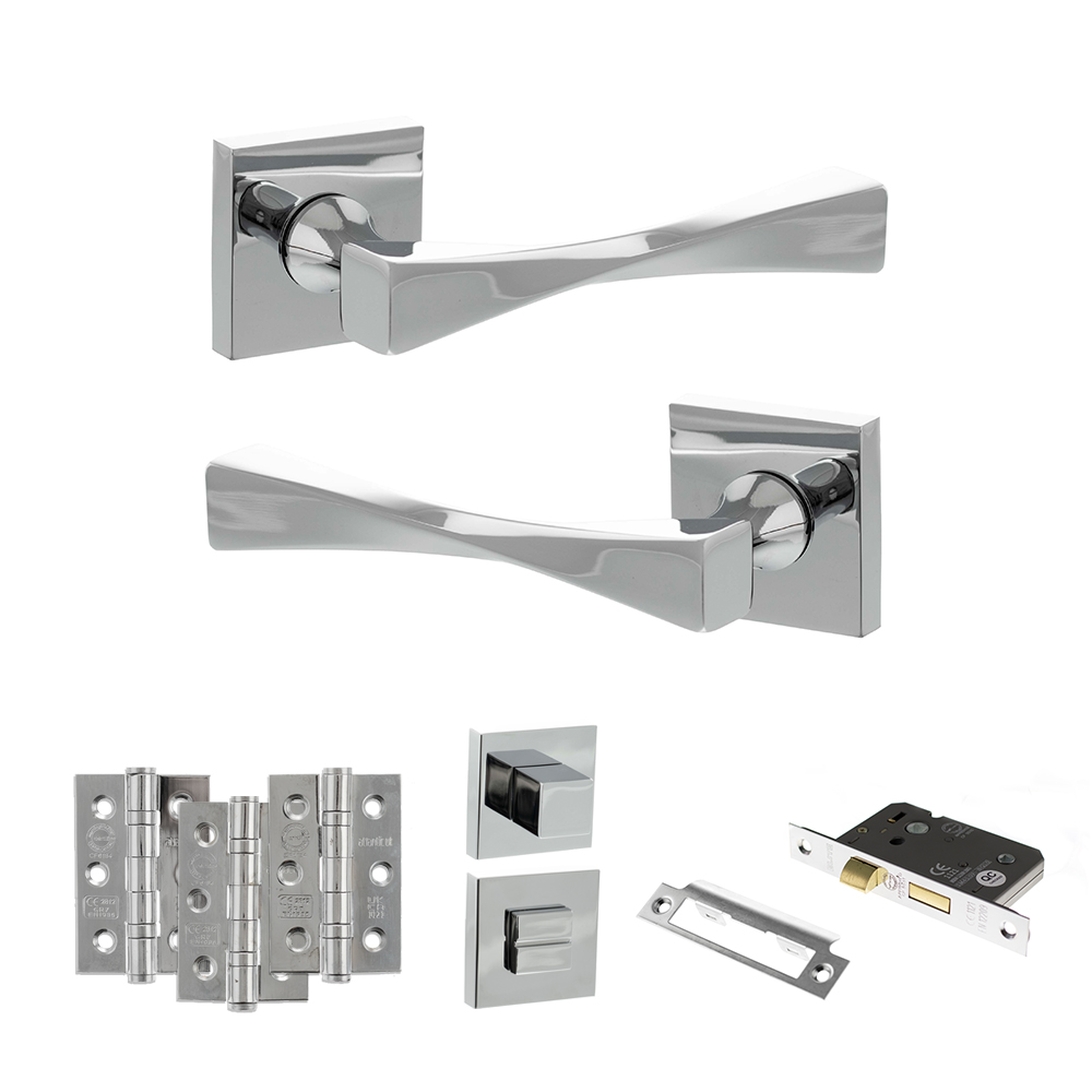 Senza Pari Guido Door Handle Pack (Bathroom Set - 3" CE Bathroom Lock, 3" Fire Rated Hinges x3) - Polished Chrome