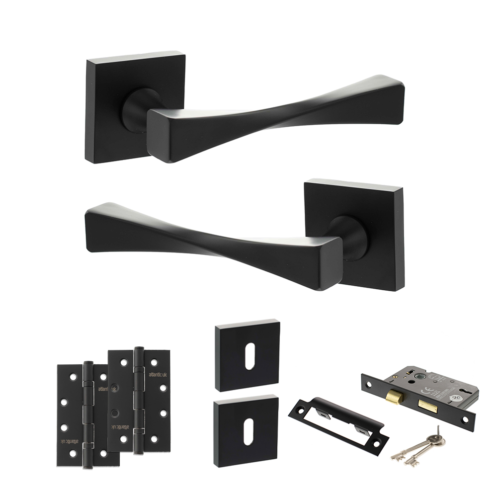 Senza Pari Guido Door Handle Pack (3 Lever Lock Set - 2.5" CE Sashlock, 4" Slim Knuckle Hinges x2) - Matt Black