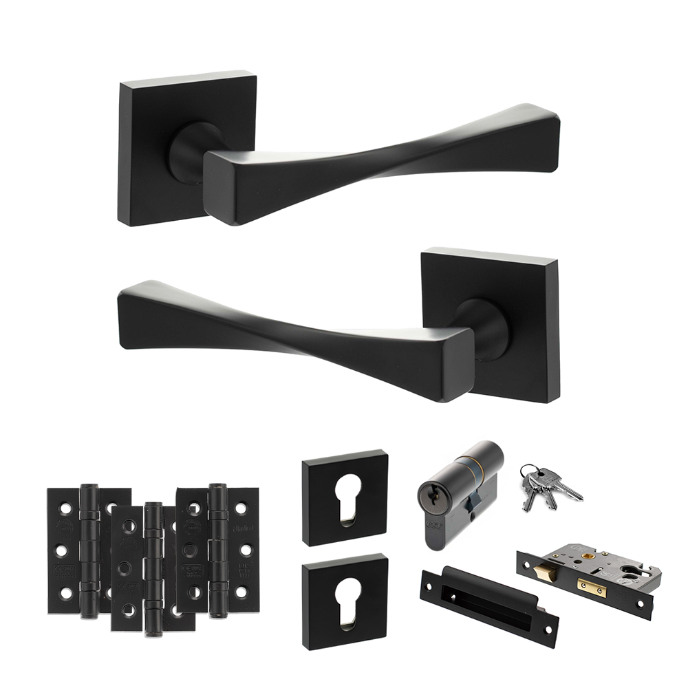 Senza Pari Guido Door Handle Pack (Euro Lock Set - 3" CE Sashlock, 3" Fire Rated Hinges x3) - Matt Black
