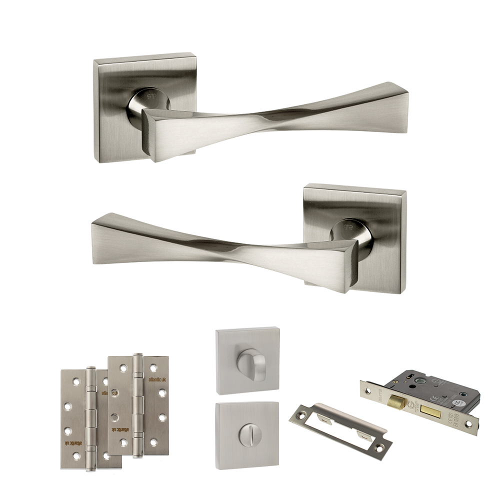 Senza Pari Guido Door Handle Pack (Bathroom Set - 3" CE Bathroom Lock, 4" Slim Knuckle Hinges x2) - Satin Nickel