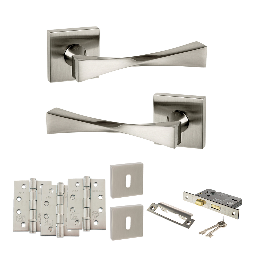 Senza Pari Guido Door Handle Pack (3 Lever Lock Set - 2.5" CE Sashlock, 4" Fire Rated Hinges x3) - Satin Nickel