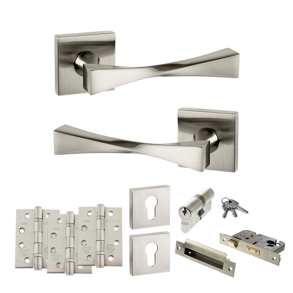 Senza Pari Guido Door Handle Pack (Euro Lock Set - 2.5" CE Sashlock, 4" Fire Rated Hinges x3) - Satin Nickel