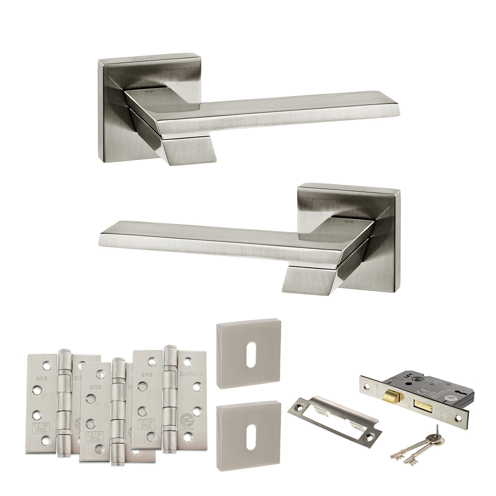 Senza Pari Giovanni Door Handle Pack (3 Lever Lock Set - 3" CE Sashlock, 4" Fire Rated Hinges x3) - Satin Nickel
