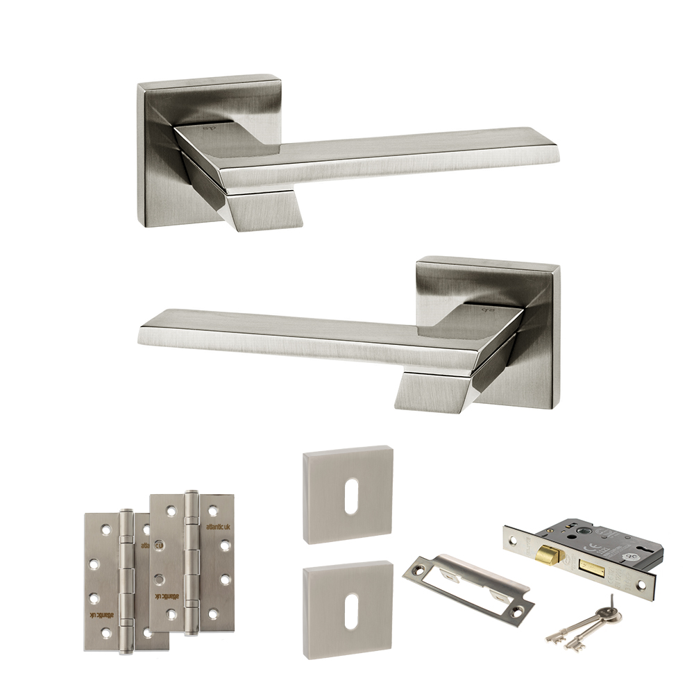 Senza Pari Giovanni Door Handle Pack (3 Lever Lock Set - 3" CE Sashlock, 4" Slim Knuckle Hinges x2) - Satin Nickel