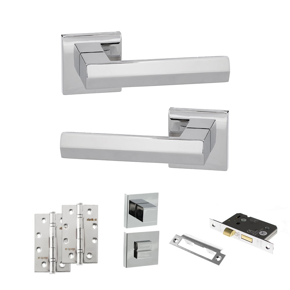 Senza Pari Davoli Door Handle Pack (Bathroom Set - 2.5" CE Bathroom Lock, 4" Slim Knuckle Hinges x2) - Polished Chrome