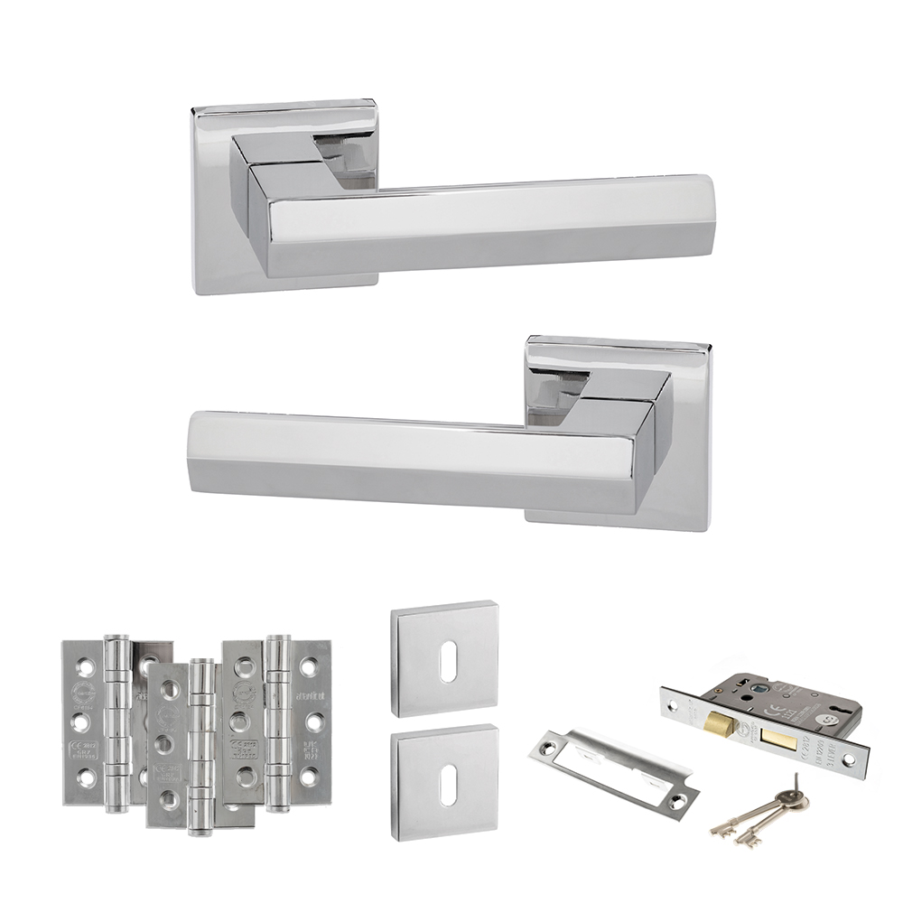 Senza Pari Davoli Door Handle Pack (3 Lever Lock Set - 3" CE Sashlock, 3" Fire Rated Hinges x3) - Polished Chrome