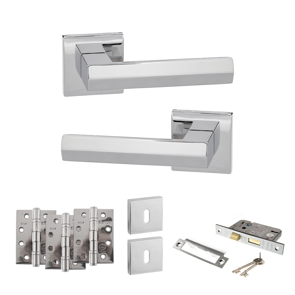 Senza Pari Davoli Door Handle Pack (3 Lever Lock Set - 3" CE Sashlock, 4" Fire Rated Hinges x3) - Polished Chrome