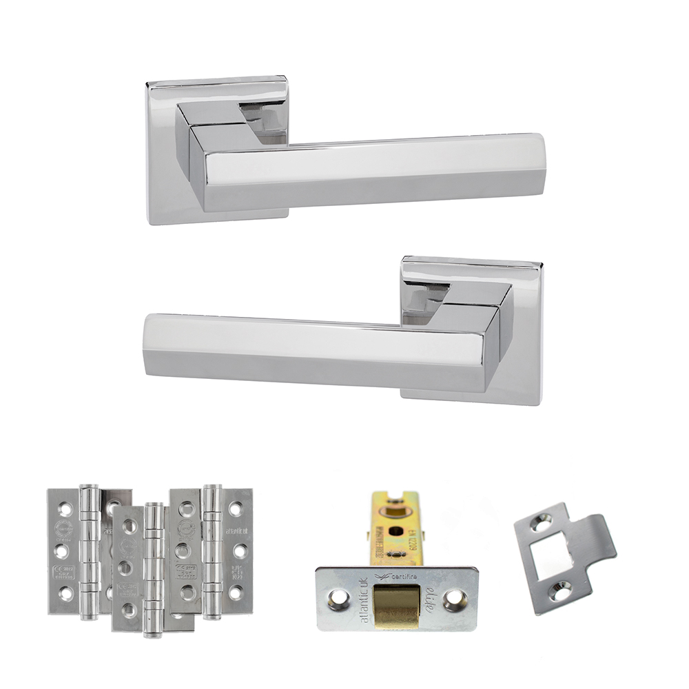 Senza Pari Davoli Door Handle Pack (Latch Set - 2.5" CE Latch, 3" Fire Rated Hinges x3) - Polished Chrome