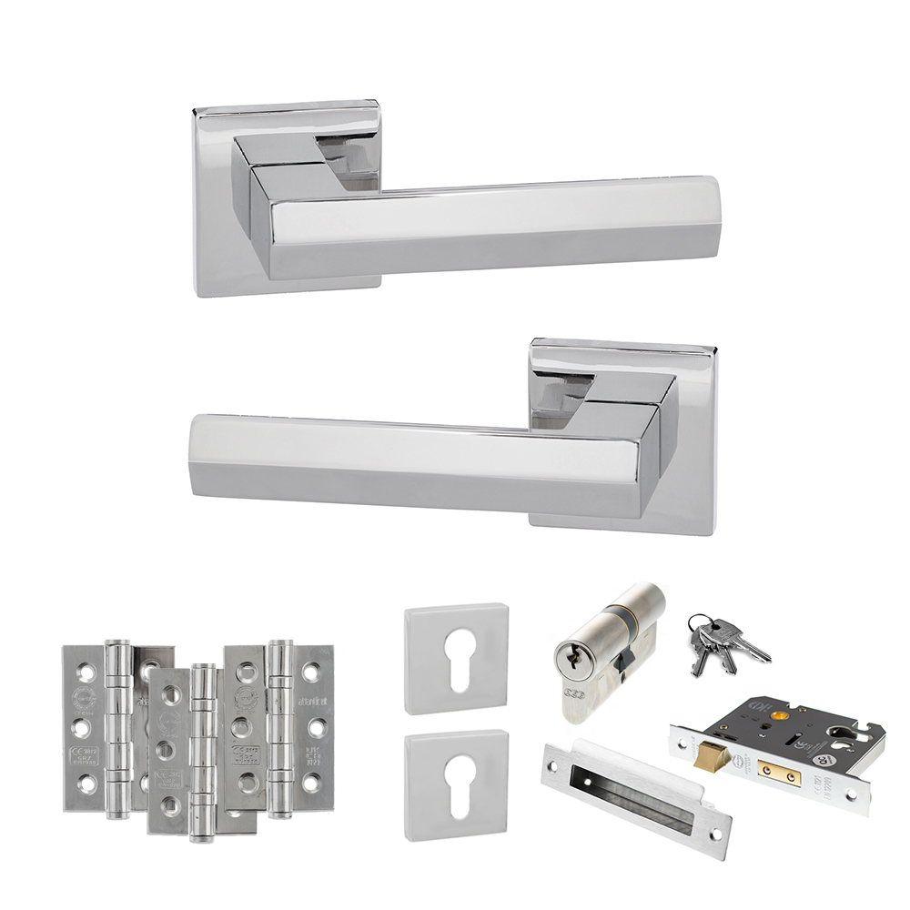 Senza Pari Davoli Door Handle Pack (Euro Lock Set - 2.5" CE Sashlock, 3" Fire Rated Hinges x3) - Polished Chrome
