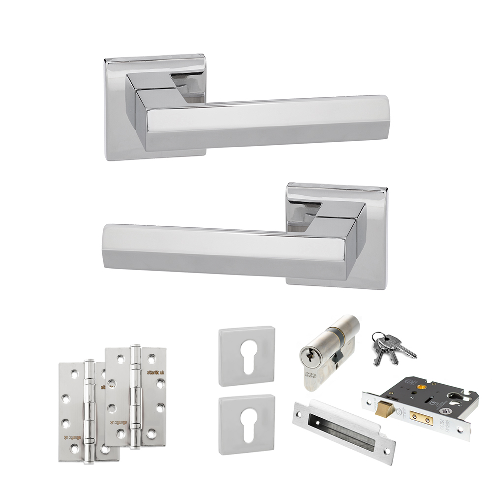 Senza Pari Davoli Door Handle Pack (Euro Lock Set - 3" CE Sashlock, 4" Slim Knuckle Hinges x2) - Polished Chrome