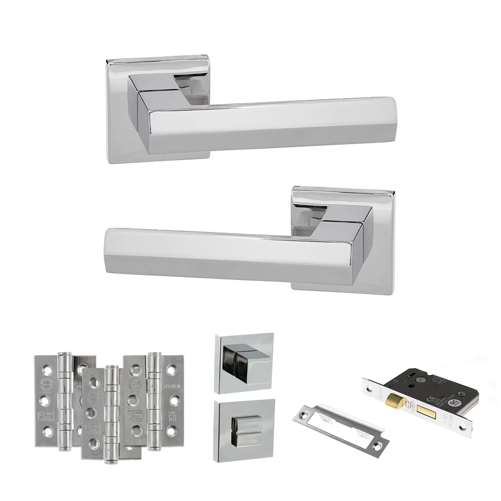Senza Pari Davoli Door Handle Pack (Bathroom Set - 3" CE Bathroom Lock, 3" Fire Rated Hinges x3) - Polished Chrome