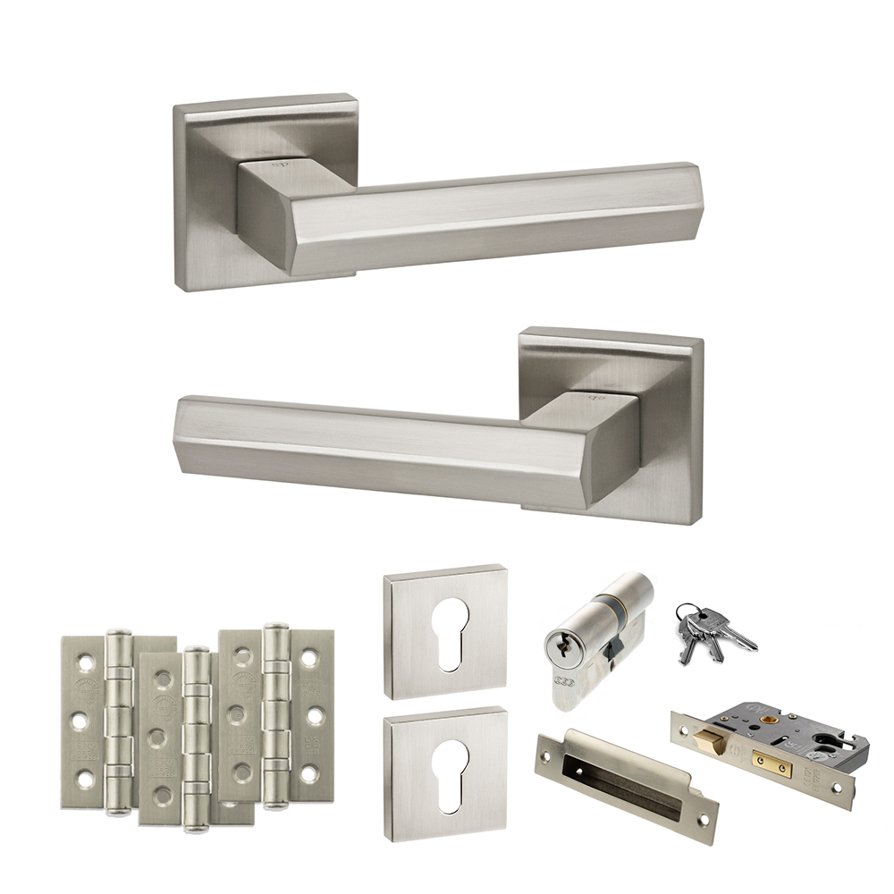 Senza Pari Davoli Door Handle Pack (Euro Lock Set - 2.5" CE Sashlock, 3" Fire Rated Hinges x3) - Satin Nickel