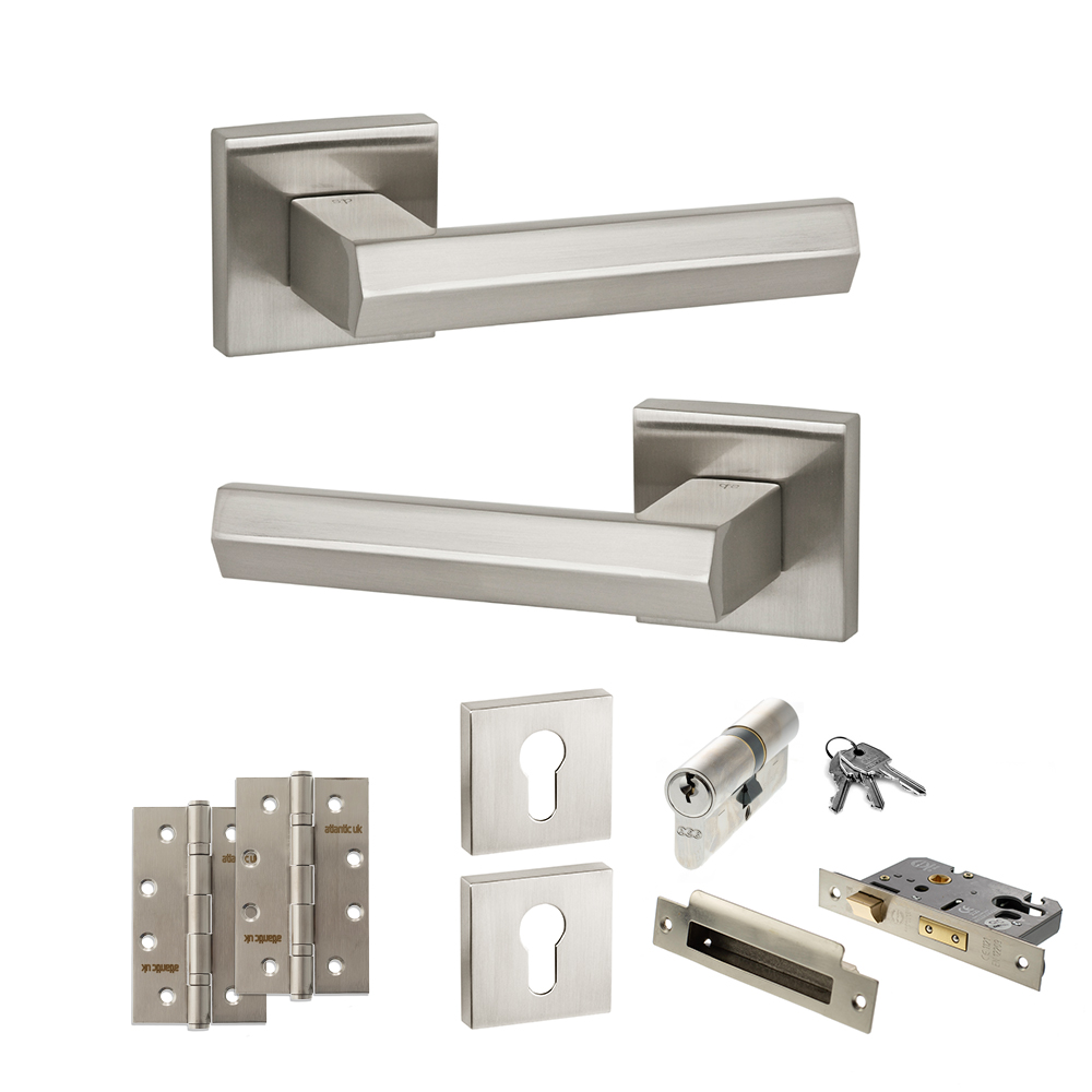 Senza Pari Davoli Door Handle Pack (Euro Lock Set - 3" CE Sashlock, 4" Slim Knuckle Hinges x2) - Satin Nickel