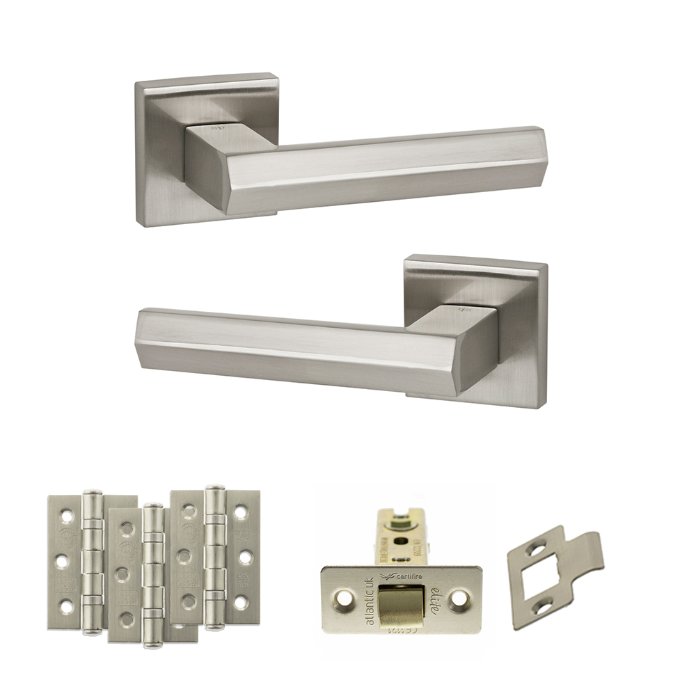 Senza Pari Davoli Door Handle Pack (Latch Set - 3" CE Latch, 3" Fire Rated Hinges x3) - Satin Nickel