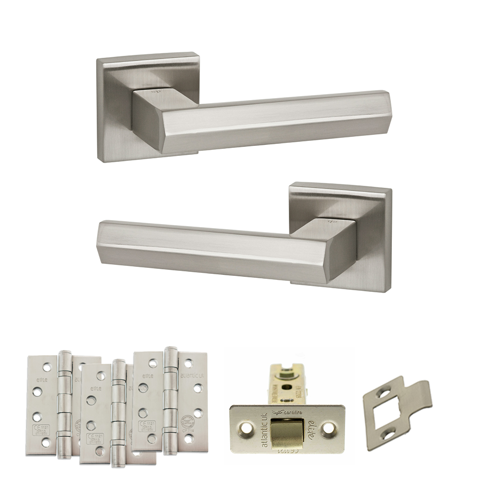 Senza Pari Davoli Door Handle Pack (Latch Set - 2.5" CE Latch, 4" Fire Rated Hinges x3) - Satin Nickel