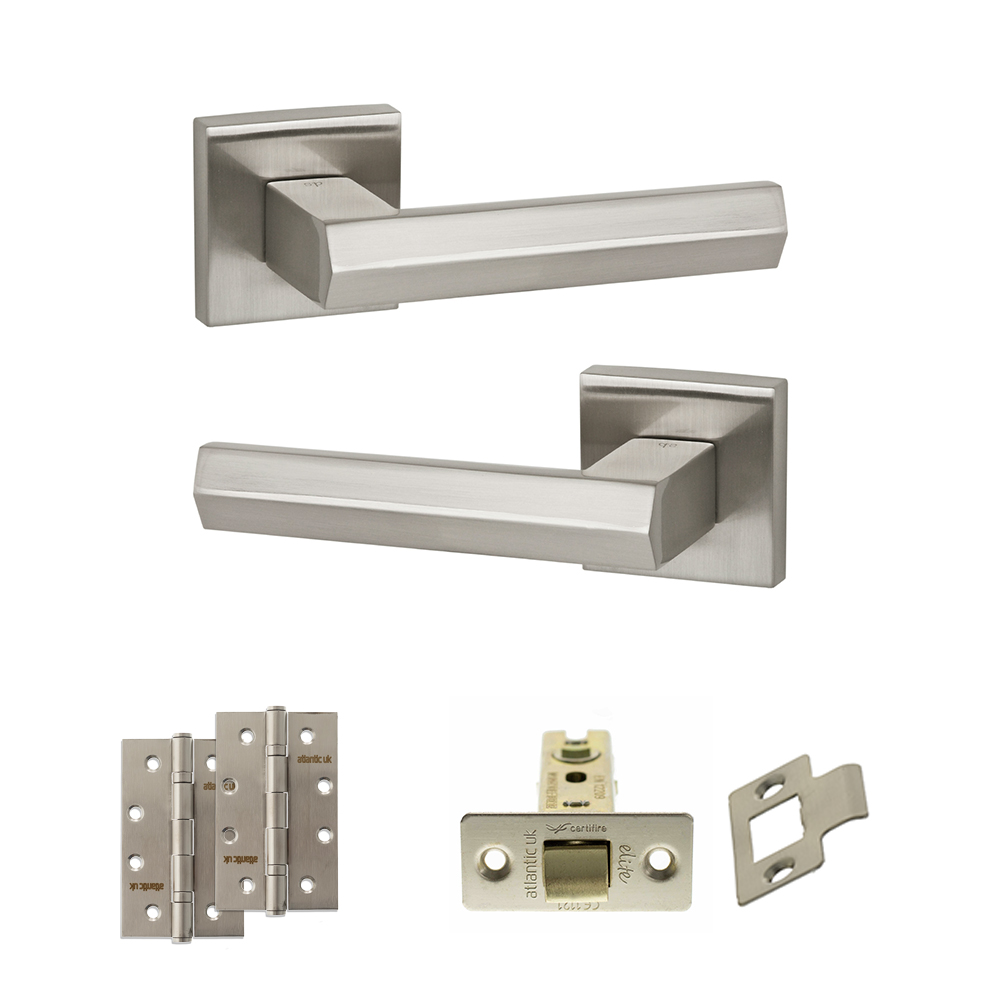 Senza Pari Davoli Door Handle Pack (Latch Set - 3" CE Latch, 4" Slim Knuckle Hinges x2) - Satin Nickel
