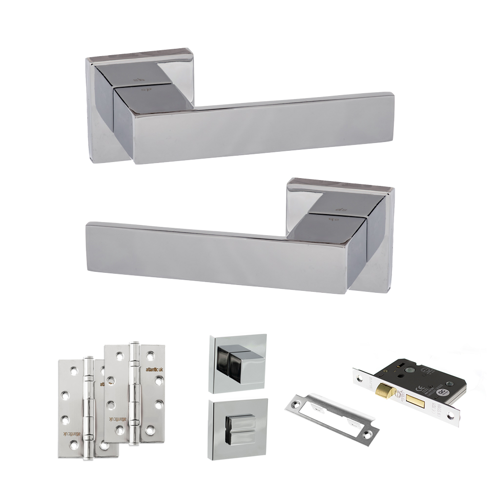 Senza Pari Panetti Door Handle Pack (Bathroom Set - 3" CE Bathroom Lock, 4" Slim Knuckle Hinges x2) - Polished Chrome