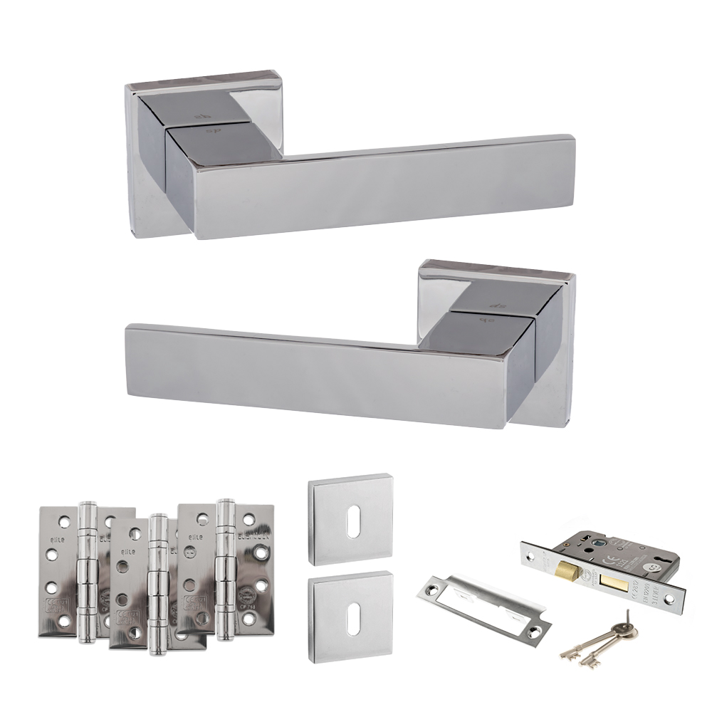 Senza Pari Panetti Door Handle Pack (3 Lever Lock Set - 3" CE Sashlock, 4" Fire Rated Hinges x3) - Polished Chrome