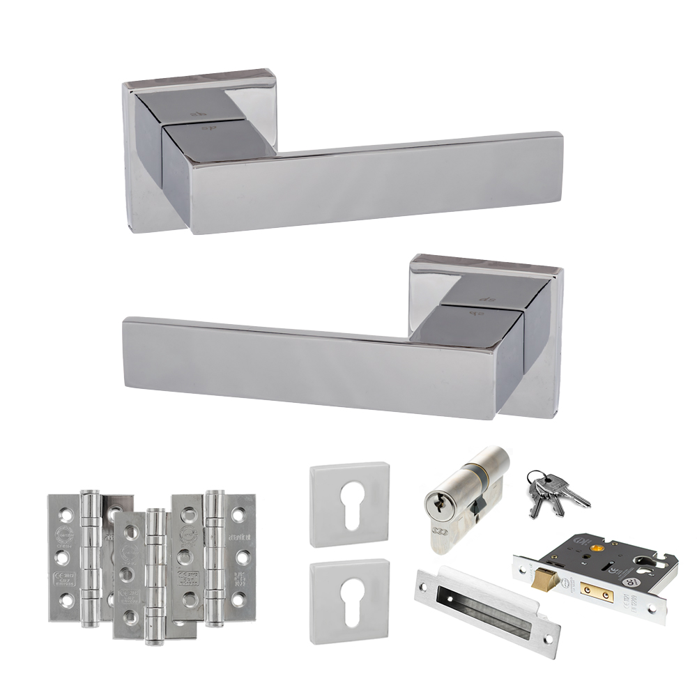 Senza Pari Panetti Door Handle Pack (Euro Lock Set - 2.5" CE Sashlock, 3" Fire Rated Hinges x3) - Polished Chrome